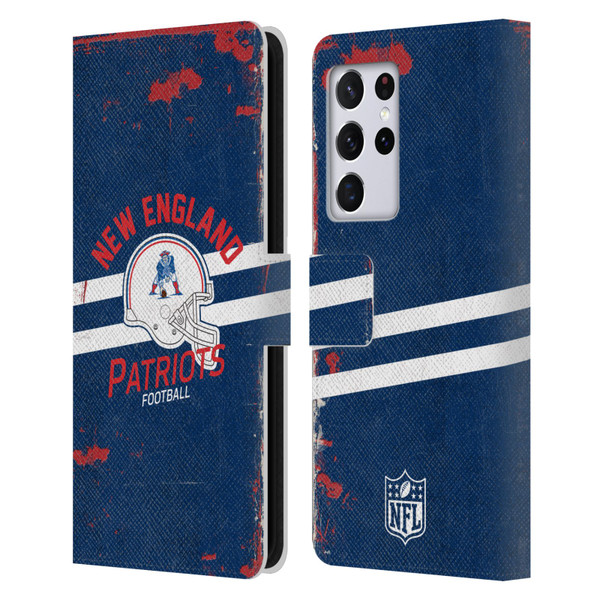 NFL New England Patriots Logo Art Helmet Distressed Leather Book Wallet Case Cover For Samsung Galaxy S21 Ultra 5G