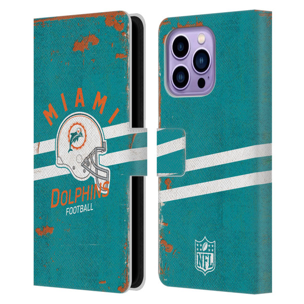 NFL Miami Dolphins Logo Art Helmet Distressed Leather Book Wallet Case Cover For Apple iPhone 14 Pro Max