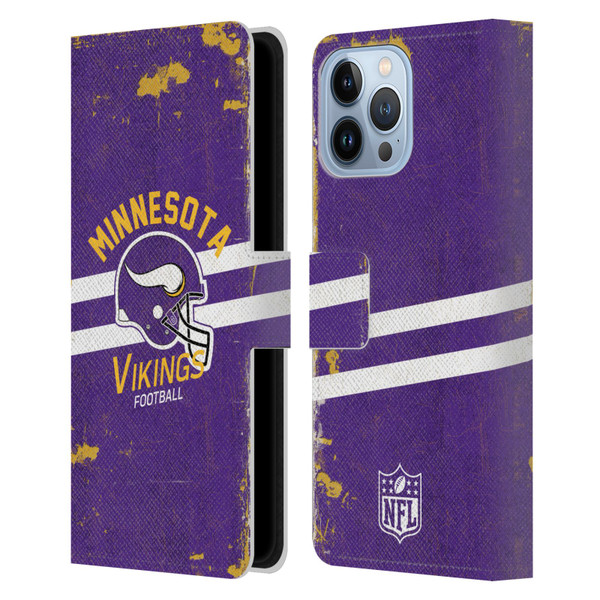 NFL Minnesota Vikings Logo Art Helmet Distressed Leather Book Wallet Case Cover For Apple iPhone 13 Pro Max