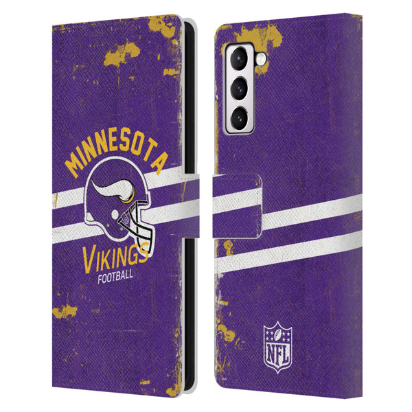NFL Minnesota Vikings Logo Art Helmet Distressed Leather Book Wallet Case Cover For Samsung Galaxy S21+ 5G