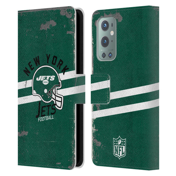 NFL New York Jets Logo Art Helmet Distressed Leather Book Wallet Case Cover For OnePlus 9