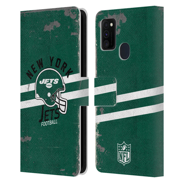 NFL New York Jets Logo Art Helmet Distressed Leather Book Wallet Case Cover For Samsung Galaxy M30s (2019)/M21 (2020)