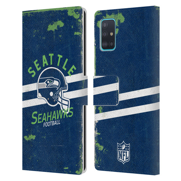 NFL Seattle Seahawks Logo Art Helmet Distressed Leather Book Wallet Case Cover For Samsung Galaxy A51 (2019)