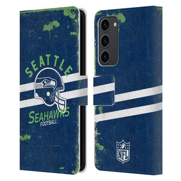 NFL Seattle Seahawks Logo Art Helmet Distressed Leather Book Wallet Case Cover For Samsung Galaxy S23+ 5G