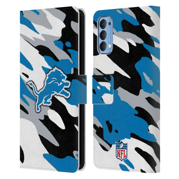 NFL Detroit Lions Logo Camou Leather Book Wallet Case Cover For OPPO Reno 4 5G