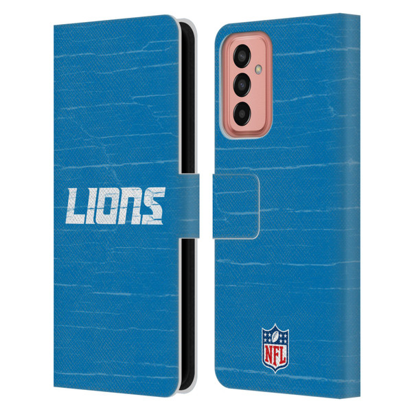 NFL Detroit Lions Logo Distressed Look Leather Book Wallet Case Cover For Samsung Galaxy M13 (2022)