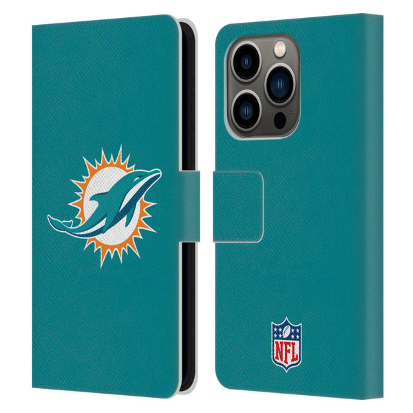 NFL Miami Dolphins Logo Plain Leather Book Wallet Case Cover For Apple iPhone 14 Pro
