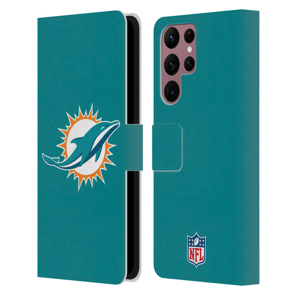NFL Miami Dolphins Logo Plain Leather Book Wallet Case Cover For Samsung Galaxy S22 Ultra 5G