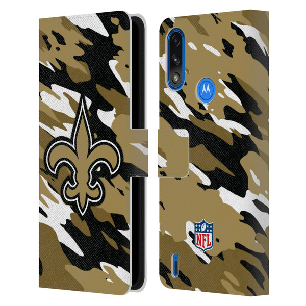NFL New Orleans Saints Logo Camou Leather Book Wallet Case Cover For Motorola Moto E7 Power / Moto E7i Power
