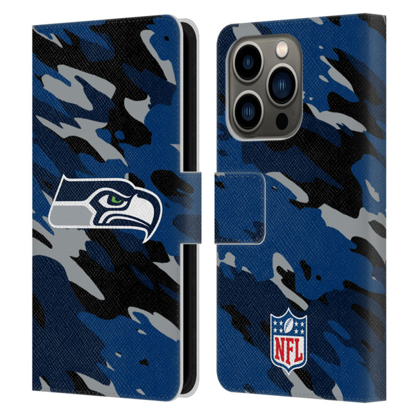 NFL Seattle Seahawks Logo Camou Leather Book Wallet Case Cover For Apple iPhone 14 Pro