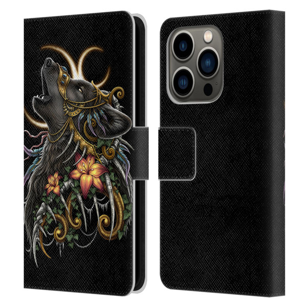 Sarah Richter Animals Gothic Black Howling Wolf Leather Book Wallet Case Cover For Apple iPhone 14 Pro
