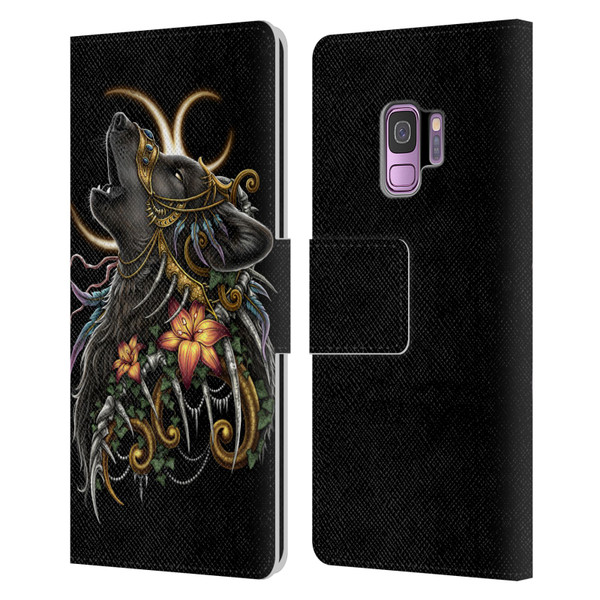 Sarah Richter Animals Gothic Black Howling Wolf Leather Book Wallet Case Cover For Samsung Galaxy S9