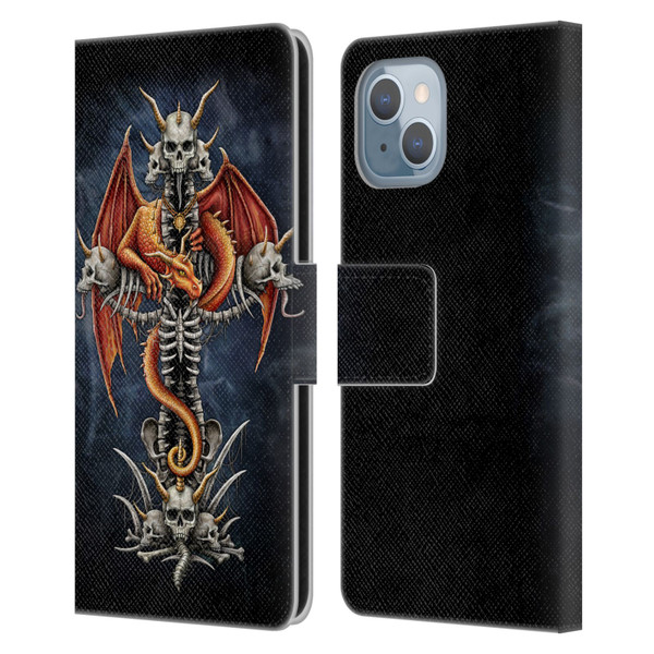 Sarah Richter Fantasy Creatures Red Dragon Guarding Bone Cross Leather Book Wallet Case Cover For Apple iPhone 14