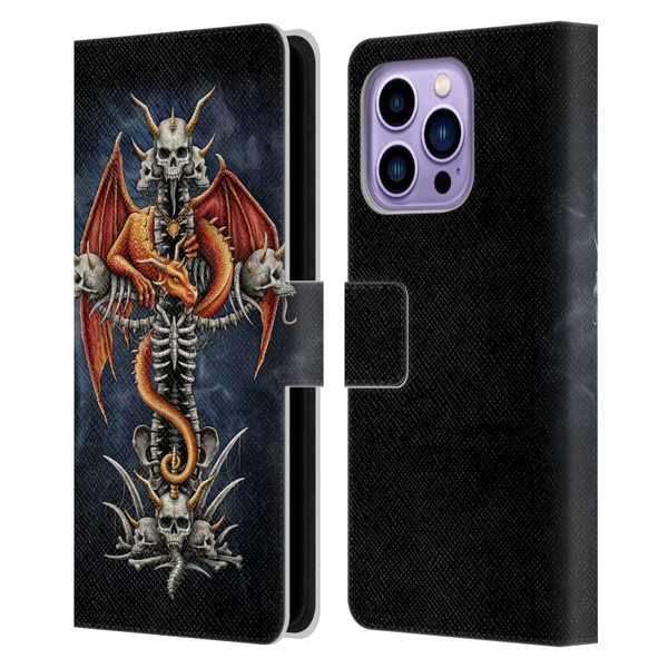 Sarah Richter Fantasy Creatures Red Dragon Guarding Bone Cross Leather Book Wallet Case Cover For Apple iPhone 14 Pro Max