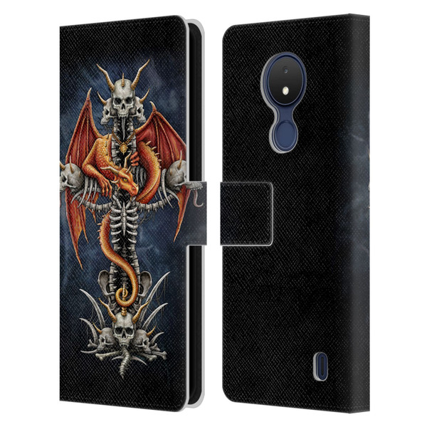 Sarah Richter Fantasy Creatures Red Dragon Guarding Bone Cross Leather Book Wallet Case Cover For Nokia C21