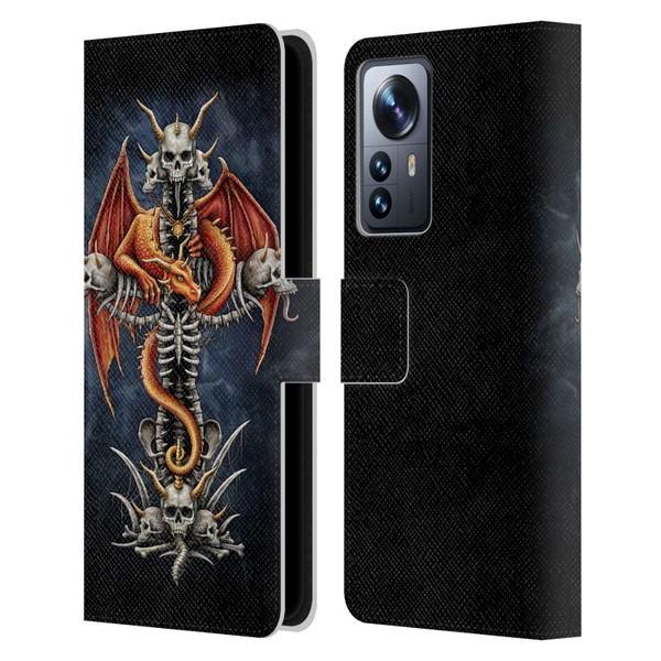 Sarah Richter Fantasy Creatures Red Dragon Guarding Bone Cross Leather Book Wallet Case Cover For Xiaomi 12 Pro