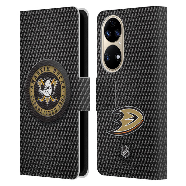 NHL Anaheim Ducks Puck Texture Leather Book Wallet Case Cover For Huawei P50