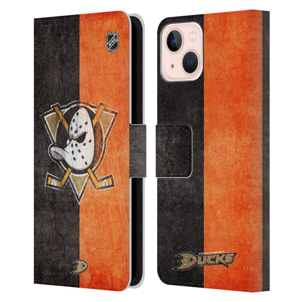 NHL Anaheim Ducks Half Distressed Leather Book Wallet Case Cover For Apple iPhone 13