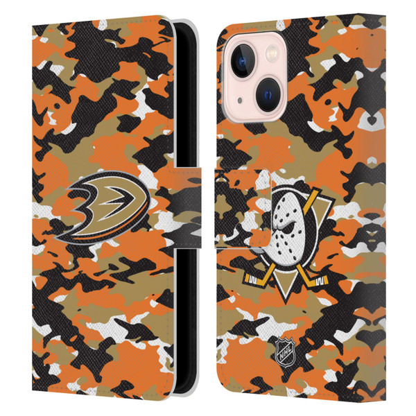 NHL Anaheim Ducks Camouflage Leather Book Wallet Case Cover For Apple iPhone 13 Mini