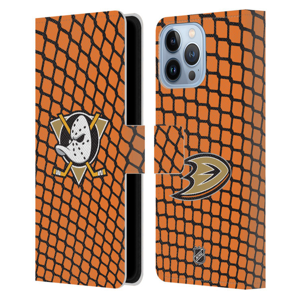 NHL Anaheim Ducks Net Pattern Leather Book Wallet Case Cover For Apple iPhone 13 Pro Max