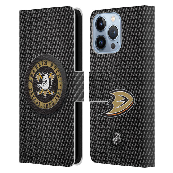 NHL Anaheim Ducks Puck Texture Leather Book Wallet Case Cover For Apple iPhone 13 Pro