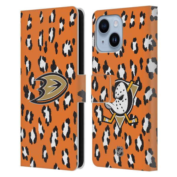 NHL Anaheim Ducks Leopard Patten Leather Book Wallet Case Cover For Apple iPhone 14 Plus