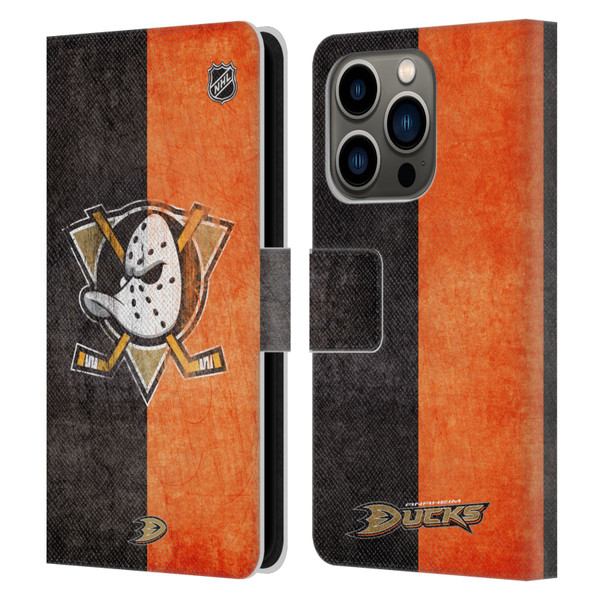 NHL Anaheim Ducks Half Distressed Leather Book Wallet Case Cover For Apple iPhone 14 Pro