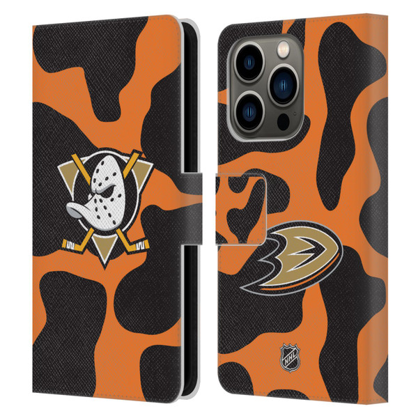 NHL Anaheim Ducks Cow Pattern Leather Book Wallet Case Cover For Apple iPhone 14 Pro