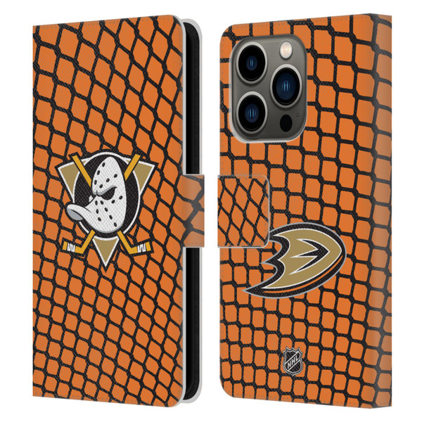 NHL Anaheim Ducks Net Pattern Leather Book Wallet Case Cover For Apple iPhone 14 Pro
