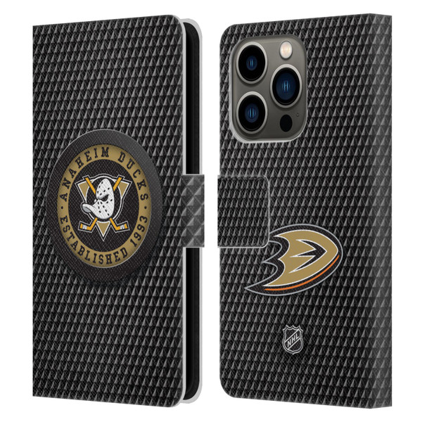 NHL Anaheim Ducks Puck Texture Leather Book Wallet Case Cover For Apple iPhone 14 Pro