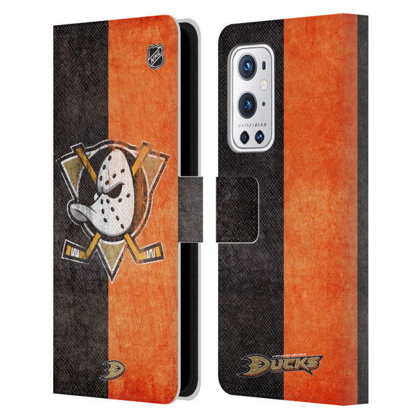 NHL Anaheim Ducks Half Distressed Leather Book Wallet Case Cover For OnePlus 9 Pro