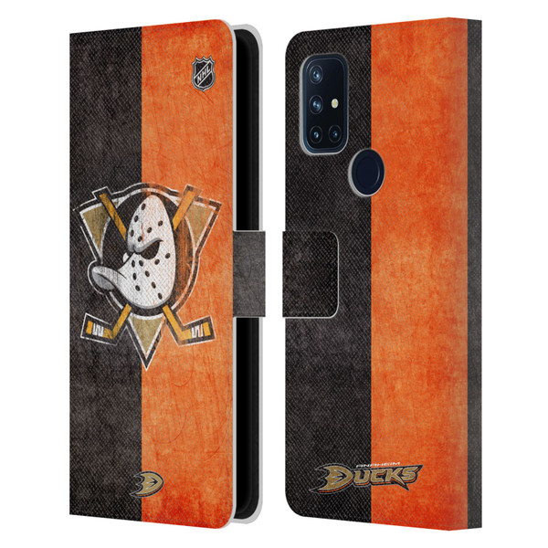 NHL Anaheim Ducks Half Distressed Leather Book Wallet Case Cover For OnePlus Nord N10 5G