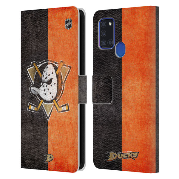 NHL Anaheim Ducks Half Distressed Leather Book Wallet Case Cover For Samsung Galaxy A21s (2020)
