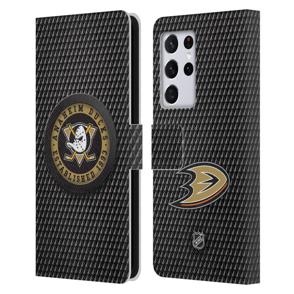 NHL Anaheim Ducks Puck Texture Leather Book Wallet Case Cover For Samsung Galaxy S21 Ultra 5G
