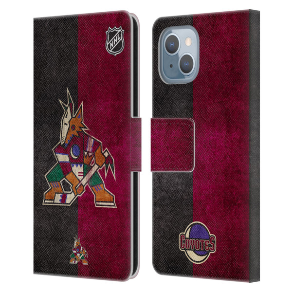 NHL Arizona Coyotes Half Distressed Leather Book Wallet Case Cover For Apple iPhone 14