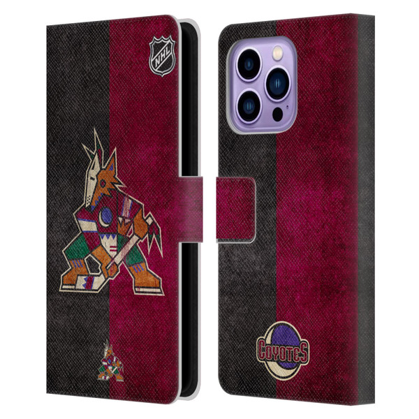 NHL Arizona Coyotes Half Distressed Leather Book Wallet Case Cover For Apple iPhone 14 Pro Max