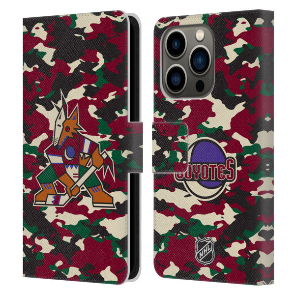 NHL Arizona Coyotes Camouflage Leather Book Wallet Case Cover For Apple iPhone 14 Pro