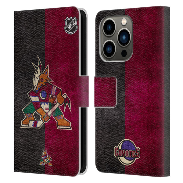 NHL Arizona Coyotes Half Distressed Leather Book Wallet Case Cover For Apple iPhone 14 Pro