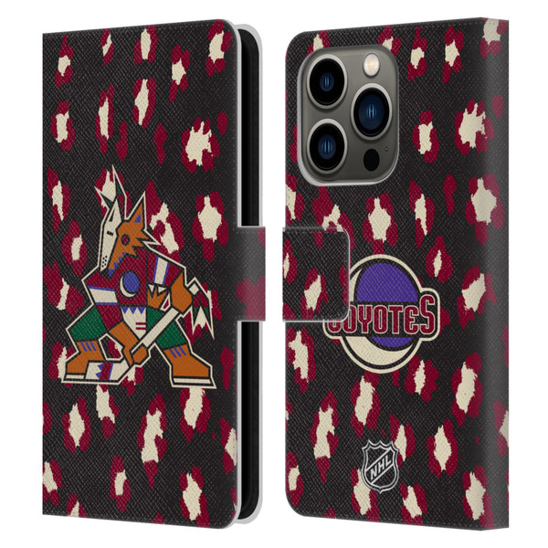 NHL Arizona Coyotes Leopard Patten Leather Book Wallet Case Cover For Apple iPhone 14 Pro