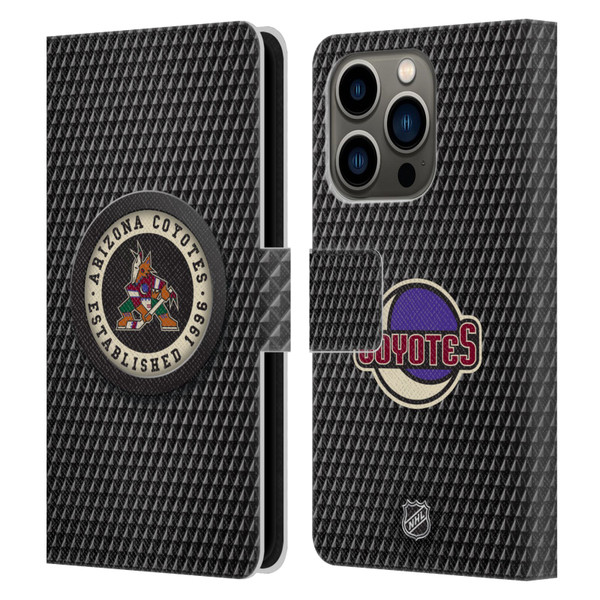 NHL Arizona Coyotes Puck Texture Leather Book Wallet Case Cover For Apple iPhone 14 Pro