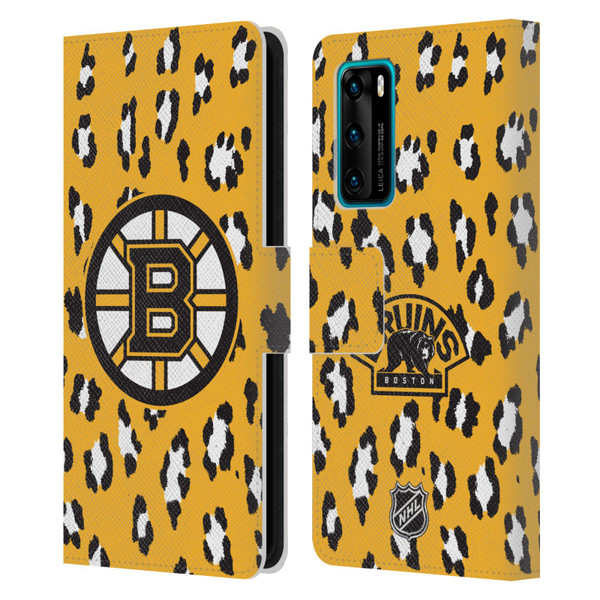 NHL Boston Bruins Leopard Patten Leather Book Wallet Case Cover For Huawei P40 5G