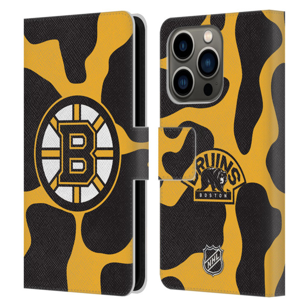 NHL Boston Bruins Cow Pattern Leather Book Wallet Case Cover For Apple iPhone 14 Pro