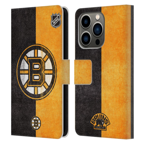 NHL Boston Bruins Half Distressed Leather Book Wallet Case Cover For Apple iPhone 14 Pro