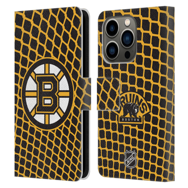 NHL Boston Bruins Net Pattern Leather Book Wallet Case Cover For Apple iPhone 14 Pro