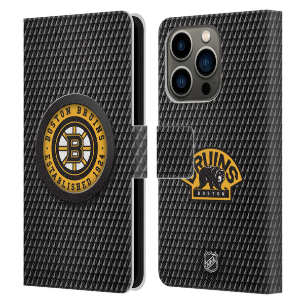 NHL Boston Bruins Puck Texture Leather Book Wallet Case Cover For Apple iPhone 14 Pro
