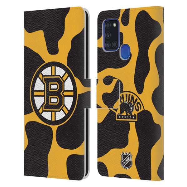 NHL Boston Bruins Cow Pattern Leather Book Wallet Case Cover For Samsung Galaxy A21s (2020)