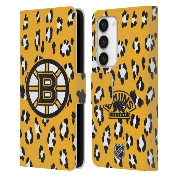 NHL Boston Bruins Leopard Patten Leather Book Wallet Case Cover For Samsung Galaxy S23 5G