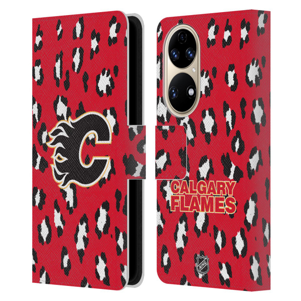 NHL Calgary Flames Leopard Patten Leather Book Wallet Case Cover For Huawei P50