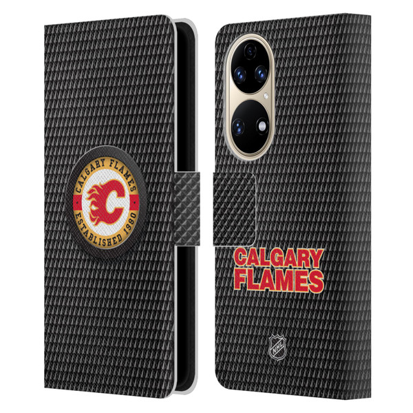 NHL Calgary Flames Puck Texture Leather Book Wallet Case Cover For Huawei P50