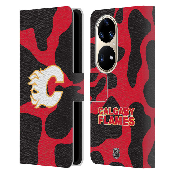 NHL Calgary Flames Cow Pattern Leather Book Wallet Case Cover For Huawei P50 Pro